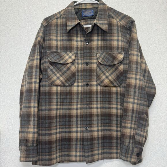 Pendleton Wool Shirt Mens Size M Plaid Brown Gray Distressed Vintage Loop - Picture 3 of 11